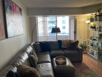 Khaki Leather Sectional Sofa and Ottoman