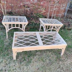 Bamboo And Rattan Coastal Style 3 Side Tables And 1 Coffee Table Set.