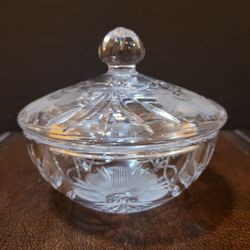Vintage Etched Flower Glass Candy Dish with Lid