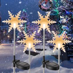 Glintoper 4 Pack Solar Christmas Snowflakes Figurine Lights, Outdoor Solar Powered Snowflake Decorative Lights with Garden Stakes, Warm White LED Xmas