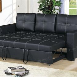 Brand New Black Leather Convertible Sofa w Pull Out Sleeper 