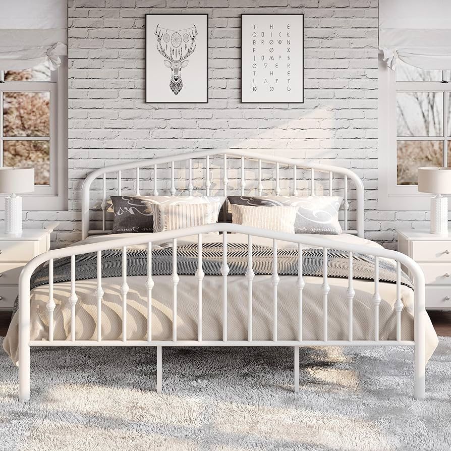 King Size Metal Platform Bed Frame with Victorian Style Wrought Iron-Art Headboard/Footboard, No Box Spring Required, White