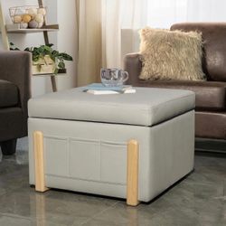 Storage Ottoman Coffee Table - Large Square Ottoman with Storage for Living Room Bedroom， Faux Leather Ottomans Foot Rest Stool with L Shaped Wooden L