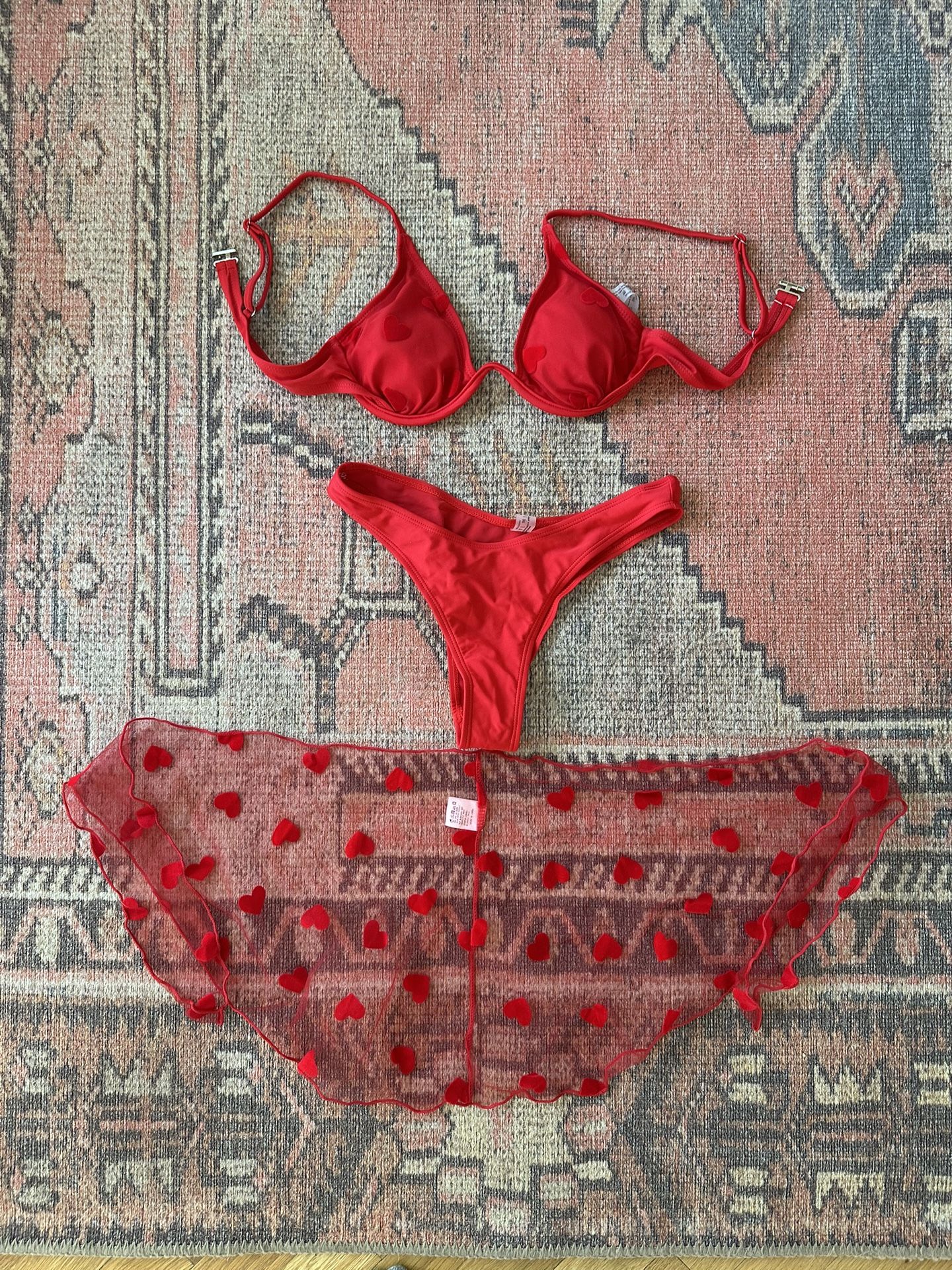 Temu Red 3-Piece Hearts Bathing Suit