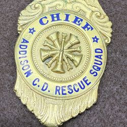 Vintage Addison Illinois Fire Chief C.D. Rescue Squad Badge Gold Tone Enamel Pin