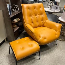 Sandstone Top Grain Leather Accent Chair & Ottoman
