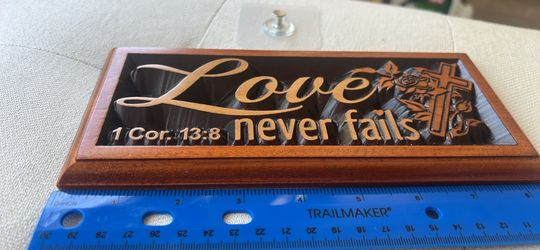 Vintage Handcrafted Wood Plaque Made in Indonesia - Love Never Fails 1 Cor 13:8 - 8.5"x4" Cross Roses 🌹