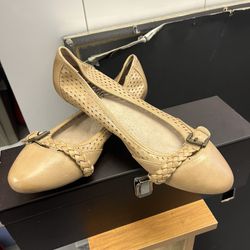 Womens White Mountain Tan Leather Flats With Braided Buckle Size 9.5