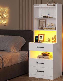 White 3-Drawer Nightstand With Tall Shelves & LED Lighting