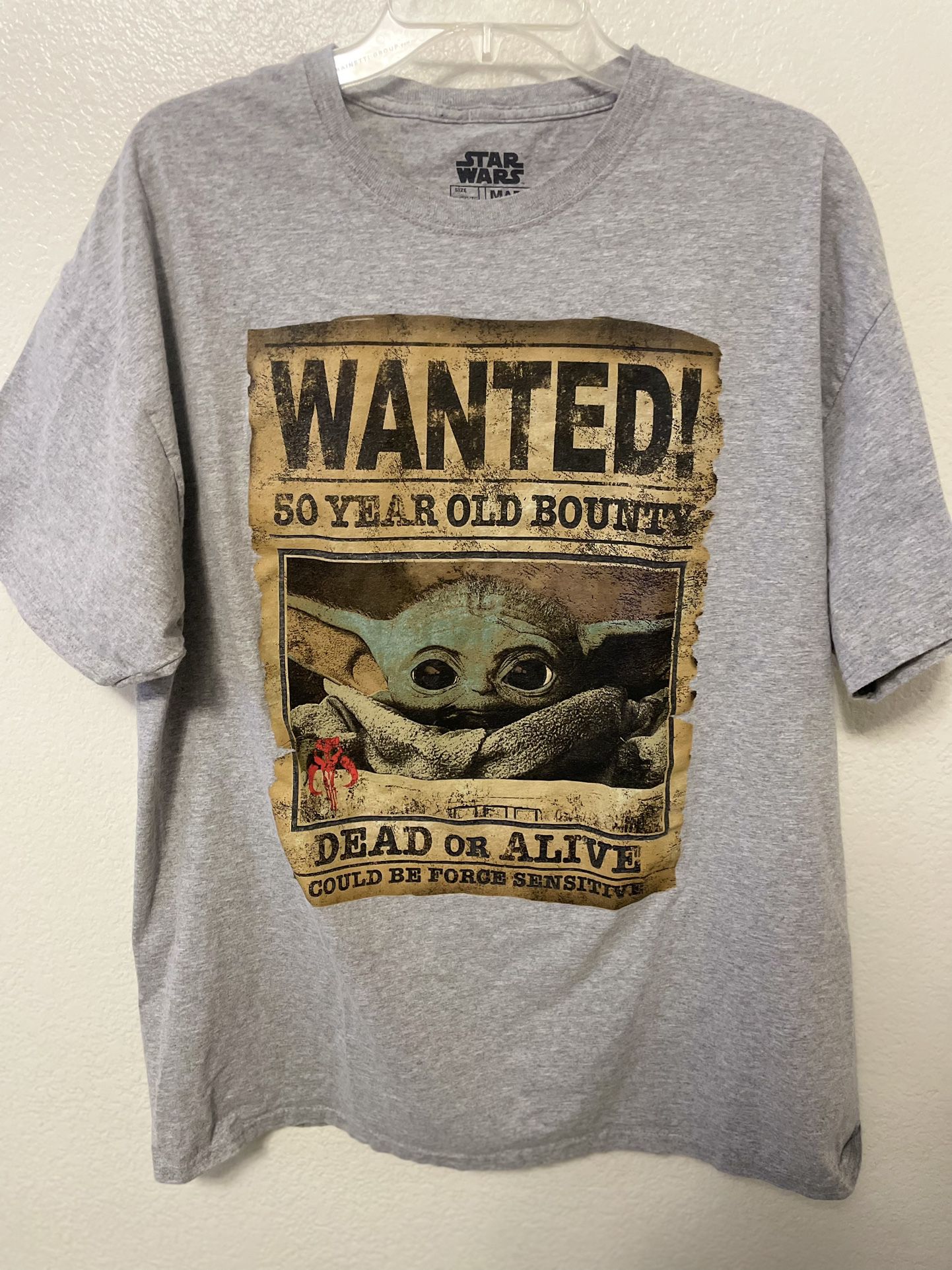 Star Wars Baby Yoda Mandalorian Wanted Poster T-Shirt Grey 