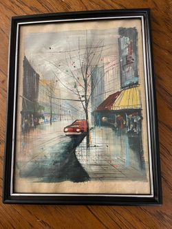 Framed City Street Painting - Vintage - Watercolor