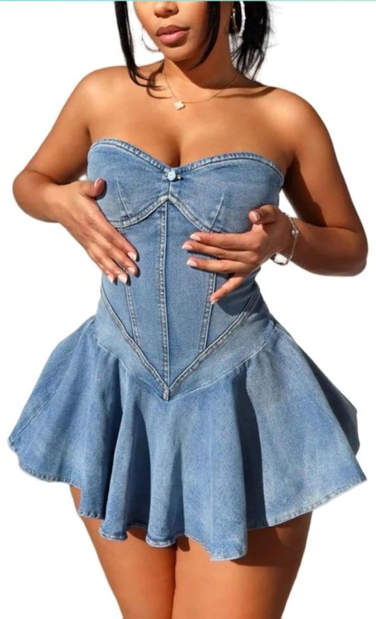 Women's Strapless Denim Dress Sexy Off Shoulder Corset Tube Pleated A Line Summer Mini Jean Dresses Clubwear