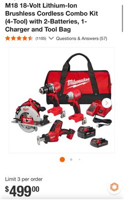 M18 18-Volt Lithium-lon Brushless Cordless Combo Kit (4-Tool) with 2-Batteries, 1-Charger and Tool Bag