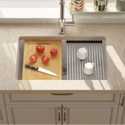 LORDEAR 28 in. Quartz White UnderMount Single Bowl Workstation Kitchen Sink with Accessories