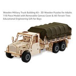 Brand new Wooden Military Truck Building Kit - 3D Wooden Puzzles for Adults 118 Piece Model with Removable Canvas Cover & All-Terrain Tires Educationa