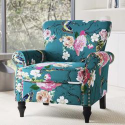 Mid-Century Blue Multicolor Floral Linen Upholstered Accent Armchair with Wooden Legs Set of 1