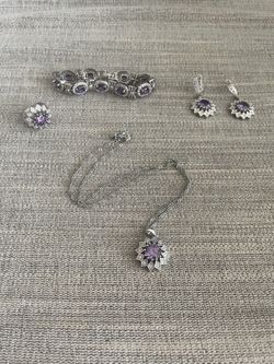 Pure Silver Over Brass Amethyst Jewelry Set