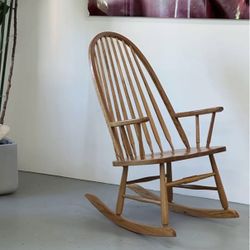 Vintage Mid Century French Country Oak Windsor Rocking Chair by Royola Pacific