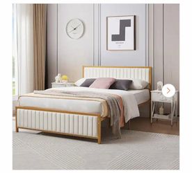 Bed Frame, Gold Full Metal Frame, Heavy Duty Metal Foundation, Platform Bed with Upholstered Headboard