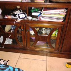 Big Entertainment Center Shelves And Glass Doors Real Cherry Wood 