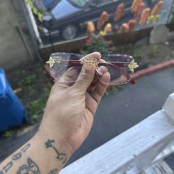 Cartier Iced Out Clear Lense Wood Frames Male Unisex Sunglasses 