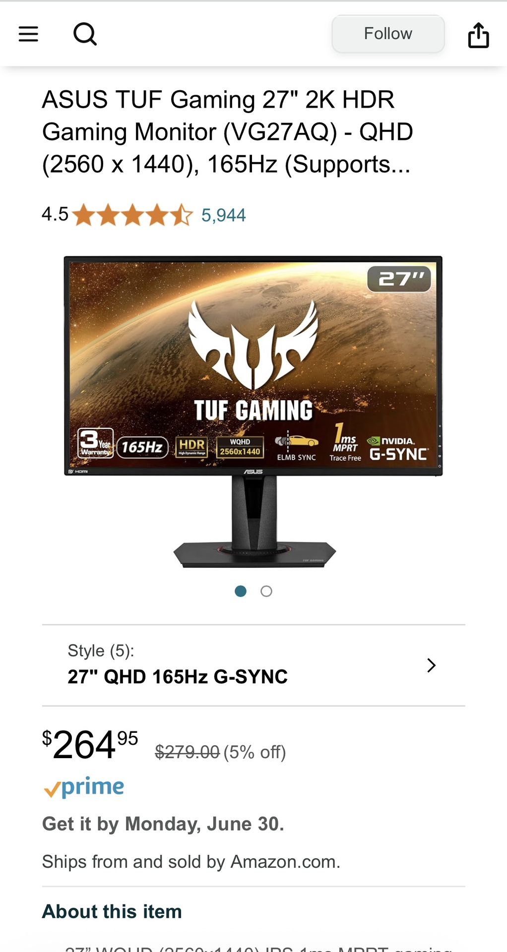 ASUS TUF Gaming 27" 2K HDR Gaming Monitor (VG27AQ) - QHD (2560 × 1440), 165Hz