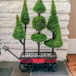 Vintage Christmas wagon w stylized pine trees Holiday decor. Rare. Heavy