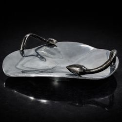 Hand Wrought Aluminum Tray 12” Sculptural Leaf Handles Mid Century Artisan