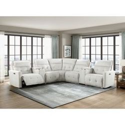 Brand New White Textured Linen 7-Piece Modular Power Reclining Sectional with Power Headrests (113.5" x 113.5" x 41"H)