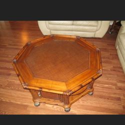American Signature-West Indies Collection Octagon Coffee/ Cocktail Table - Glass insert in top/doors with storage 44" wide Wicker Ratan Bamboo