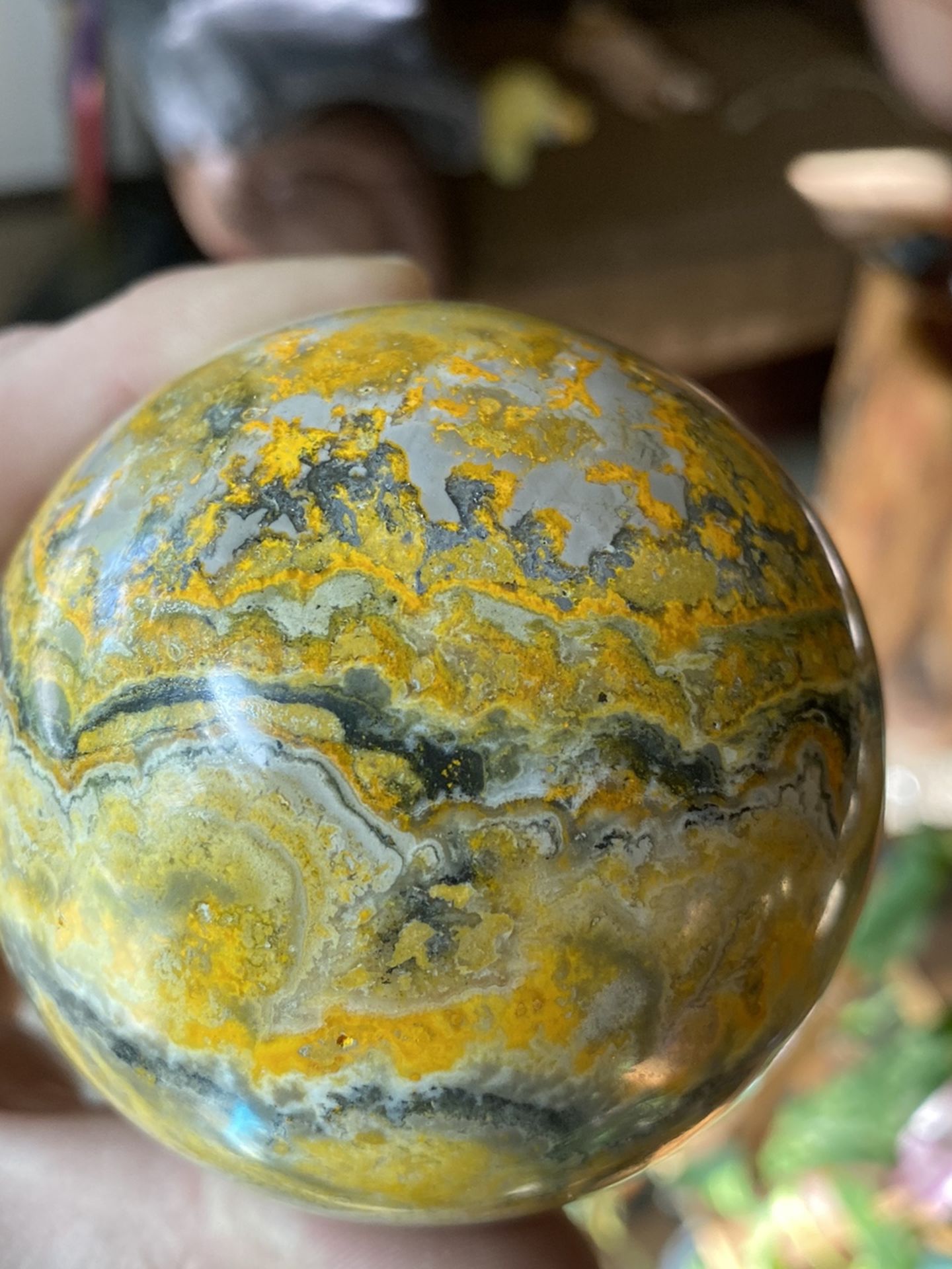 Bumblebee Jasper Sphere (Orb). Little Bigger Than A Baseball. Not Sure Exact Millimeters. Good Quality. I