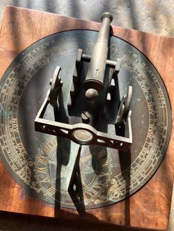 Brass Sundial Cannon with Compass on Wooden Base