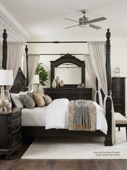 🖤✨Ashley Furniture North Shore Queen Bedroom Set - Real Marble Tops & Canopy Bed (Complete Set)