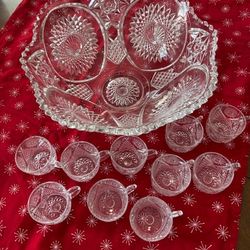 Clear Punch Bowl & 10 Punch Cups By Duncan Miller