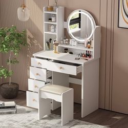 Makeup Vanity Set Dresser Desk with 5 Drawer and Shelf Round Mirror with Touch Screen and Light Vanity Set with Cushioned Stool for Bedroom, White
