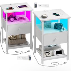 LED Nightstands Set of 2 Bedside Tables Side Table End Table White Fabric-Wood