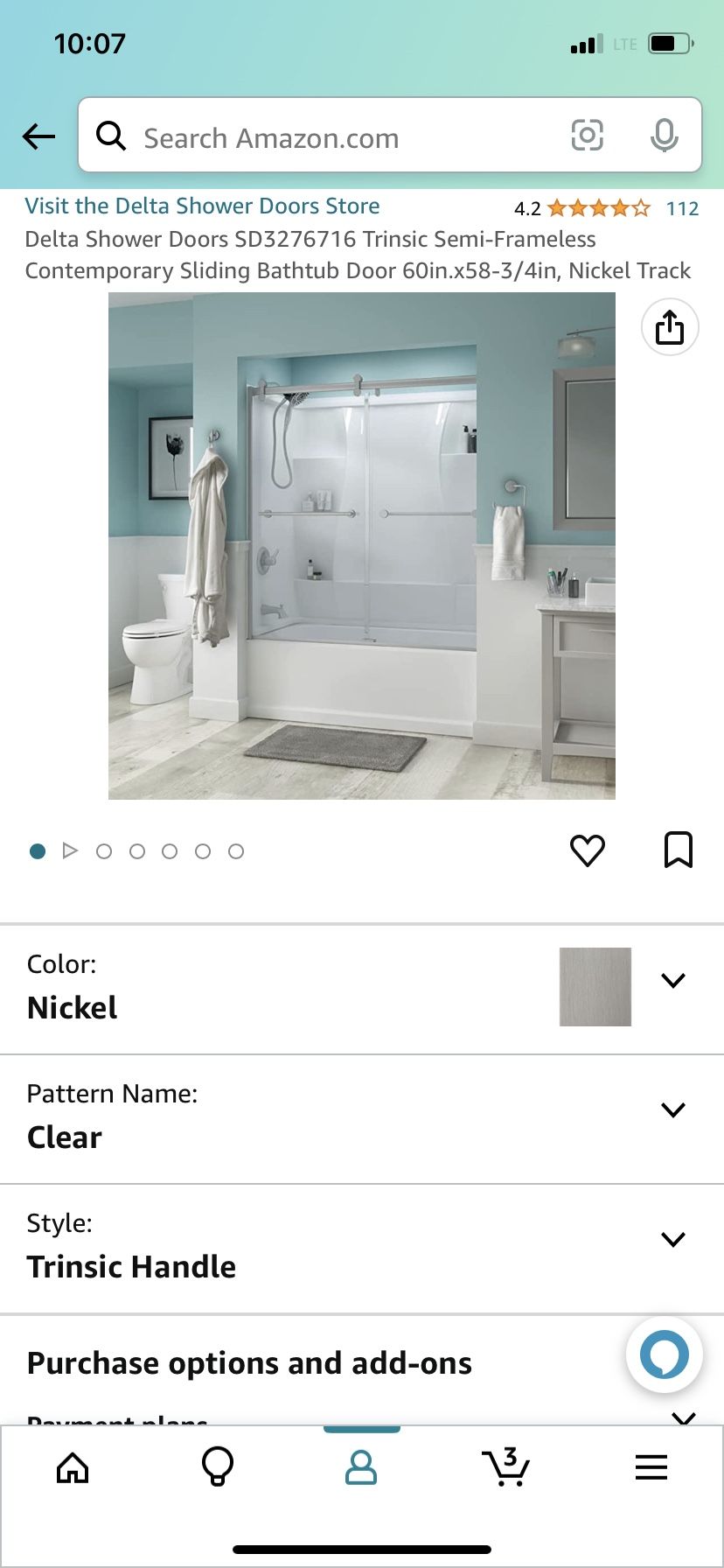 Delta Shower Doors SD_Trinsic Semi-Frameless Contemporary Sliding Bathtub Door 60in.x58-3/4in, Nickel Track