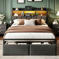 King Size Upholstered Bed Frame with 2 Storage Drawers Modern Platform Bed with Charging Station