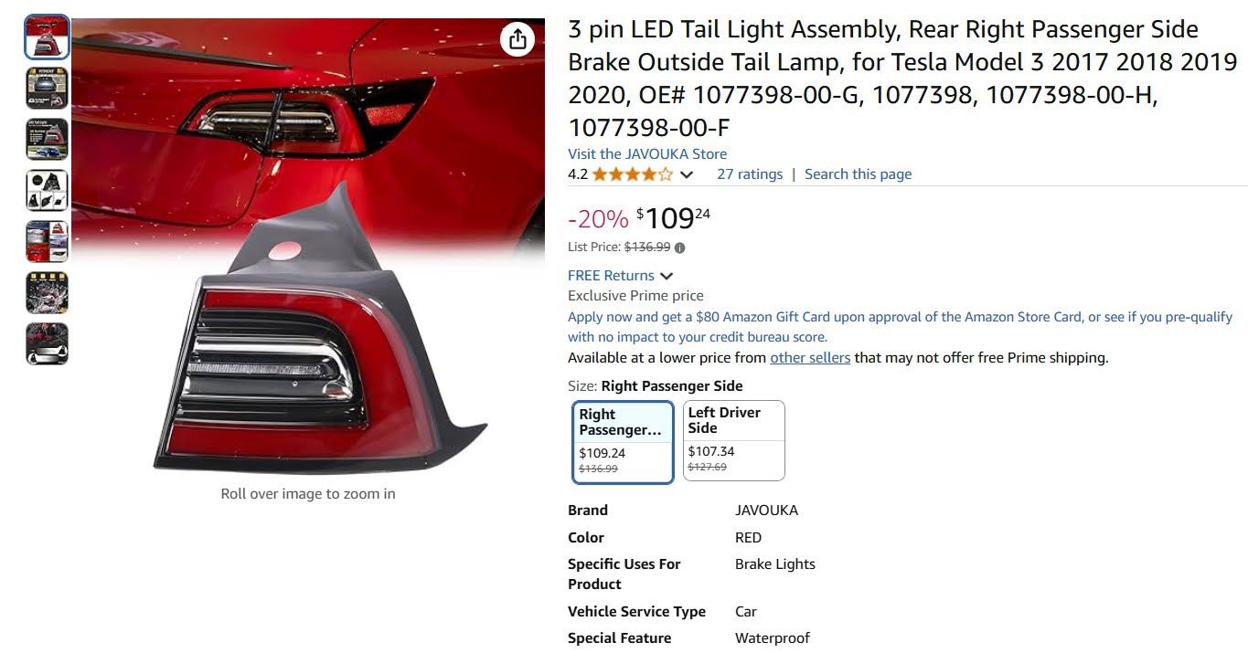 3 pin LED Tail Light Assembly, Rear Right Passenger Side Brake Outside Tail Lamp, for Tesla Model 3 2017 2018 2019 2020, OE# 1077398-00-G, 1077398, 10