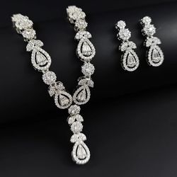 3-Pcs Pear Cut 14K White Gold-Plated Cubic Zirconia Luxury Necklace & Earrings Set 