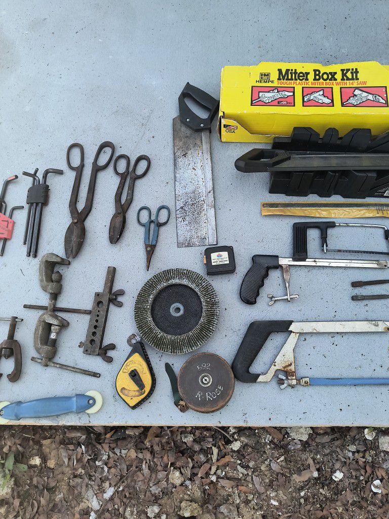 EVERYTHING IN PICTURES TAKE ALL,1/2" REV.DRILL& JIG SAW,DRILLS BITE,MITER BOX NEW, FILES,SNIPES,PULLERS,- MORE, NEED GONE TODAY!