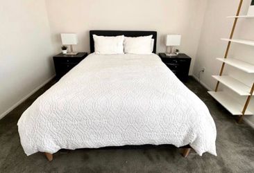 Queen Bed Frame & Mattress in Grey Tone Fabric