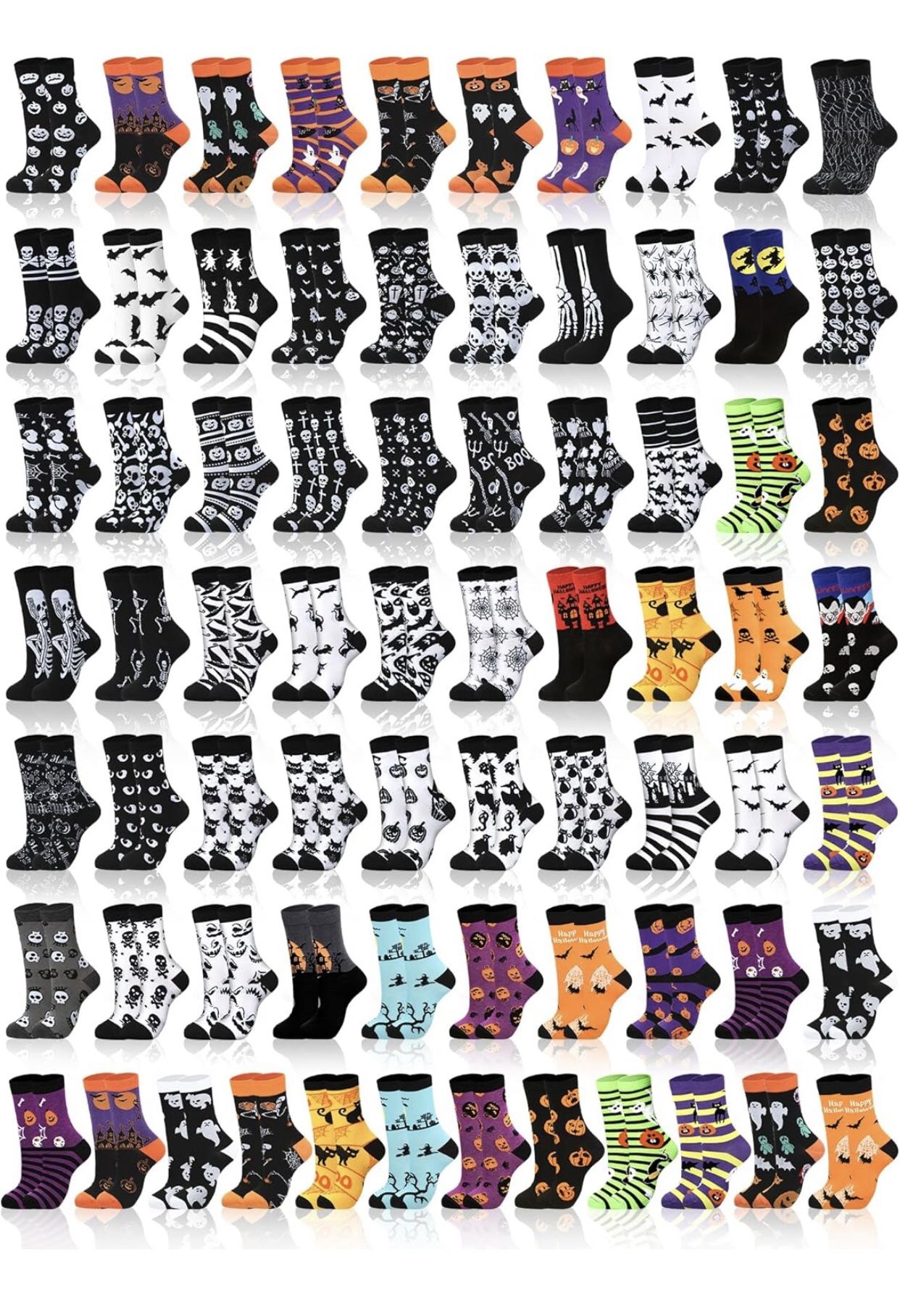 Toulite 72 Pairs Halloween Crew Socks for Men and Women Halloween Novelty Socks Bulk Colorful Pumpkin Bat Spid