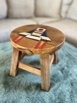 Small Wooden Stool with Nautical Painted Top