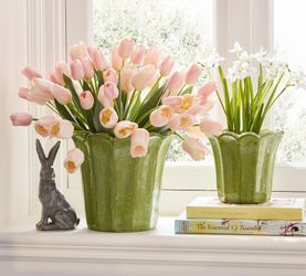 Pottery Barn Green Fluted Tulip Cachepot