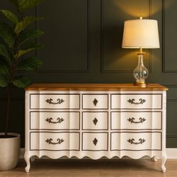 French Provincial Antique Dresser Restored Custom Paint, Gloss And Metallic Bronze Finishes 