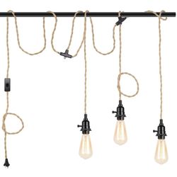 Fridecko HomeTriple Pendant Light Kit with Switch Hanging Lamp Cord with 27FT Twisted Hemp Rope E26 Sockets Plug Hanging Lighting Fixture 