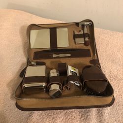 Vintage Men’s Travel Grooming Kit Leather Case Chrome Plate Pieces