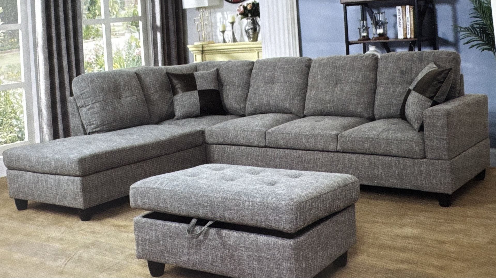 Gray Linen Sectional Couch And Ottoman