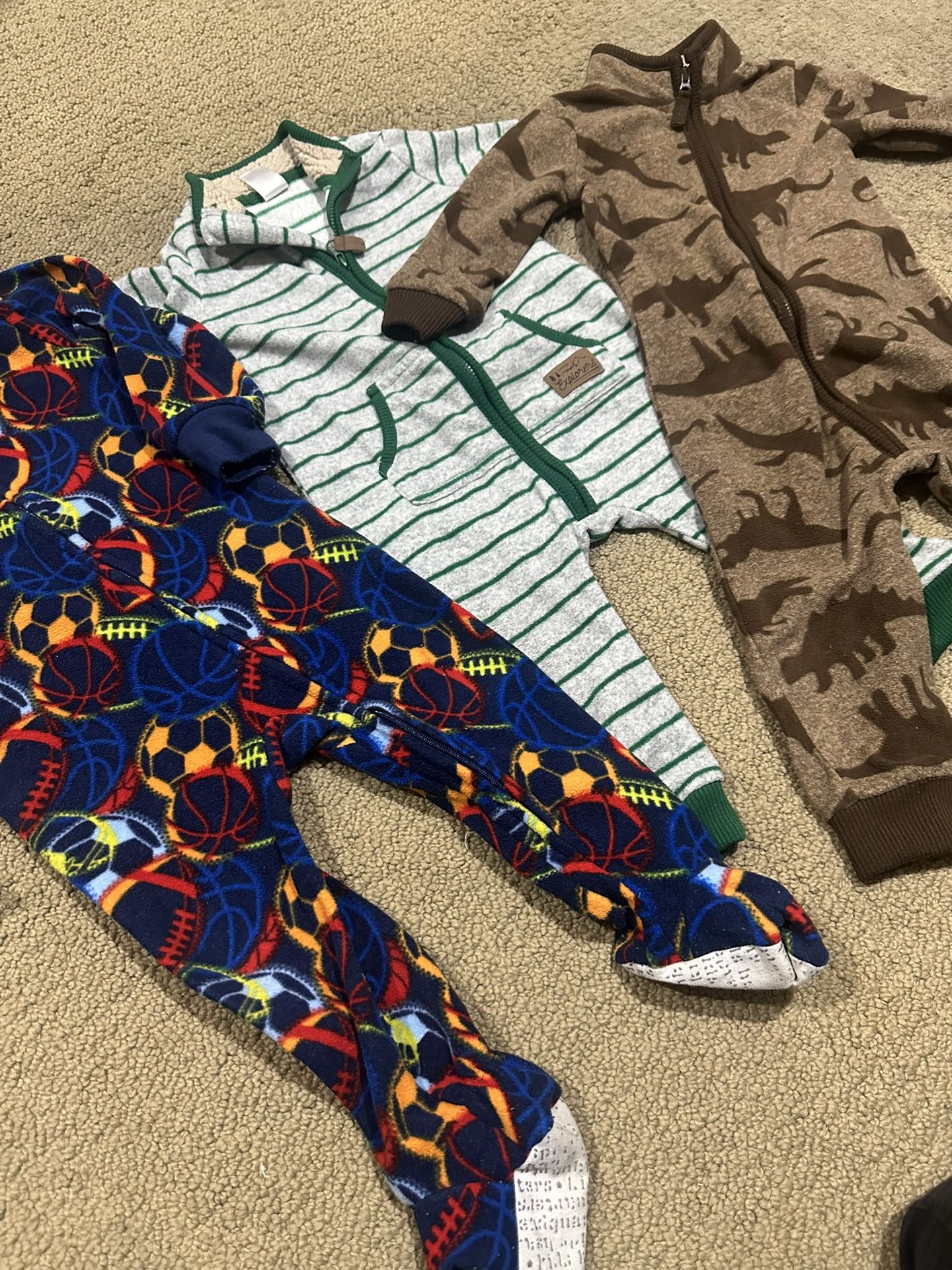 Lot Of 3 12M 18M Boy’s One Piece Footed Pajamas Long Sleeve Sports Dinosaurs PJ 1 piece 12 Months Carter’s Gray and green 2 pieces 18Months Carter’s